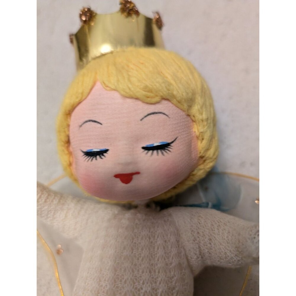 Vintage 1960s Japan Sleeping Angel Christmas Doll Ornament, Knit Body, Gold Crow